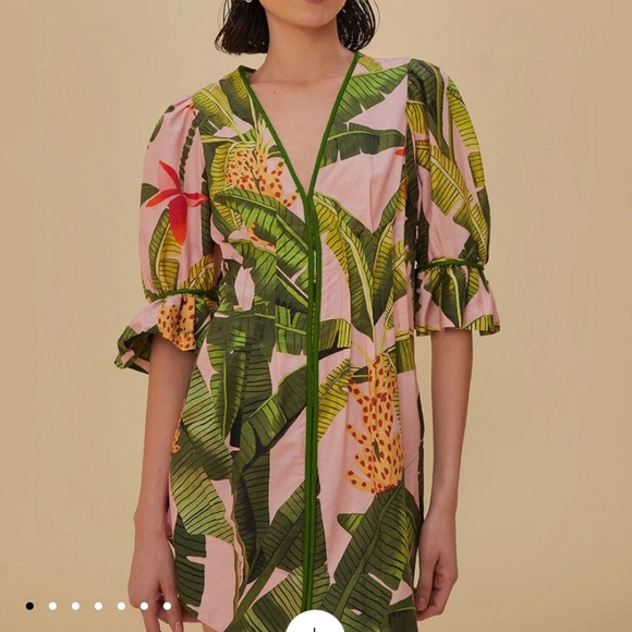 Sold Farm Rio Pink banana leavess v neck mini dress XS - Picture 2 of 7